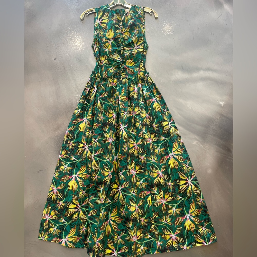 Ulla Johnson Green Tropical Floral Maxi Dress with Yellow Accents